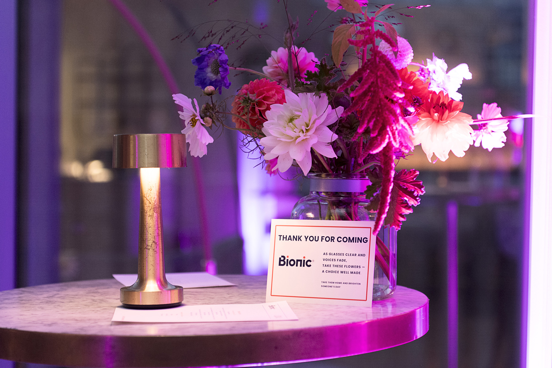 Branded floral centrepiece with thank you card